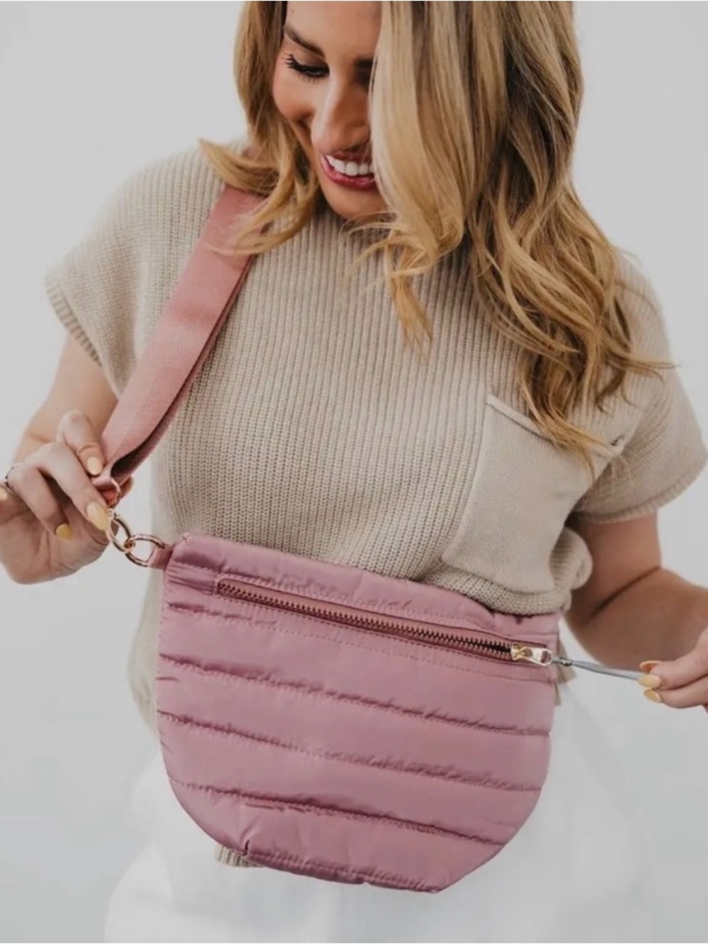 Pretty Simple Jolie Puffer Pink rose Crossbody Bag NWT Guitar Strap belt bag